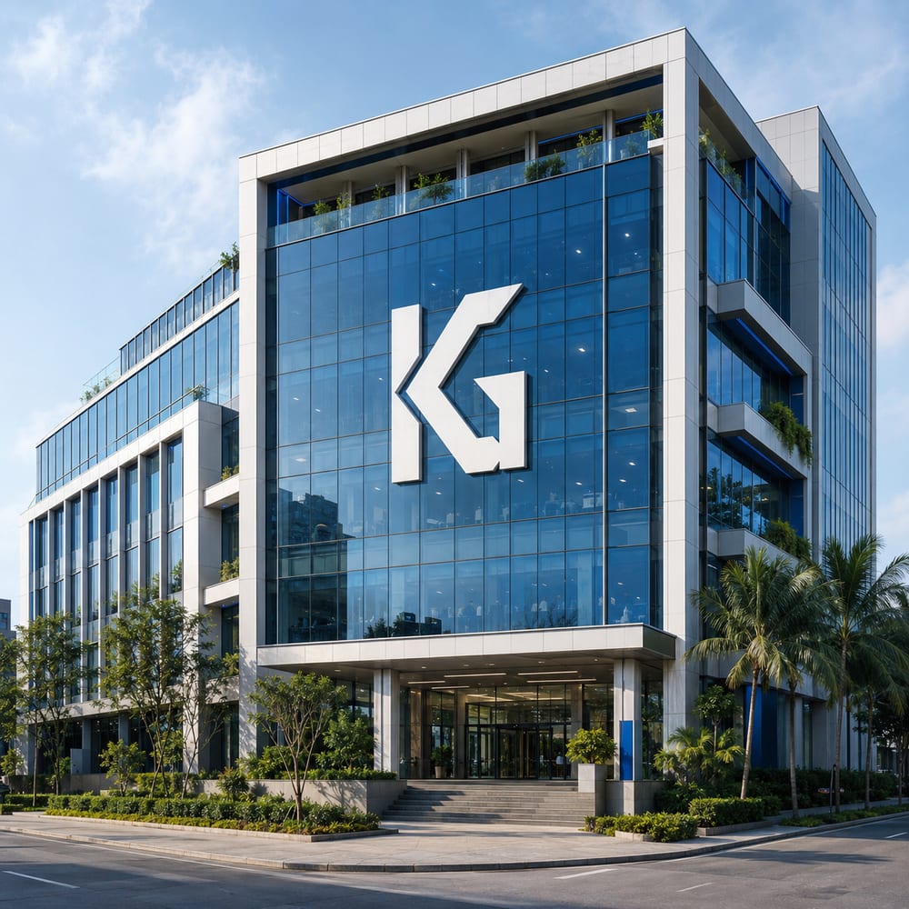 Gedung korporat KG Corp dengan logo KG